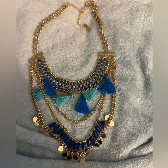 Steve Madden Gold and Blue Layered Tassel Necklace - Picture 1 of 4